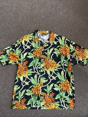 Men's Black Hawaiian Floral Button-Up Shirt - Orange & Green
